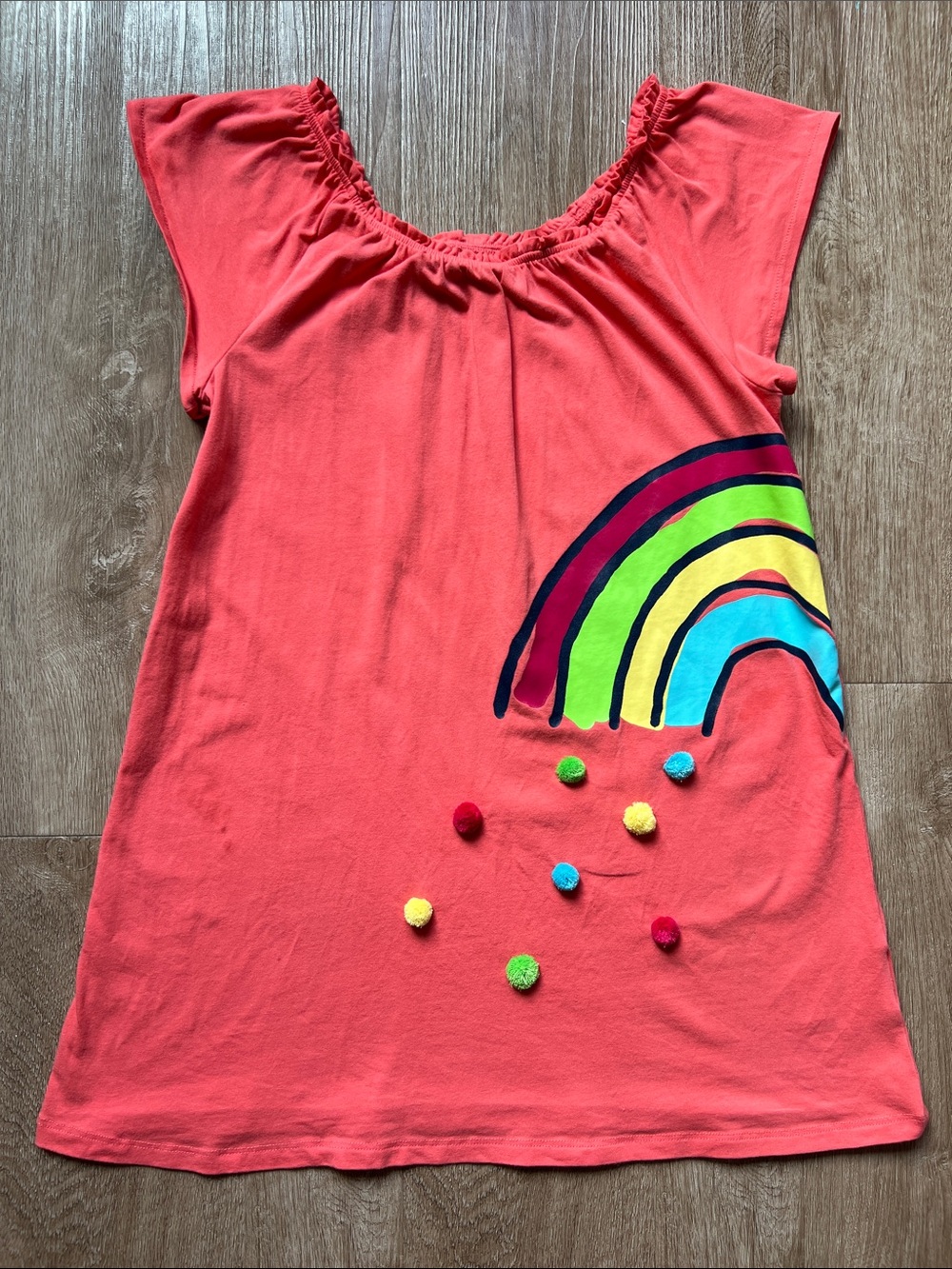 Lands' End Girls Coral Short Sleeve Rainbow Pom Tunic Size Small 7/8
